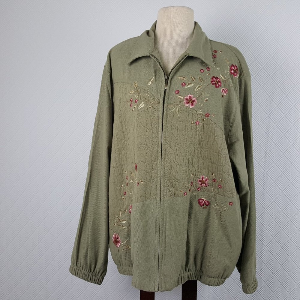 Alfred Dunner Womens Jacket Lightweight Olive Green Floral Quilted Size XXL 20W